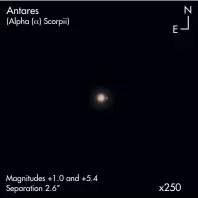  ??  ?? Antares (Alpha (_) Scorpii) Magnitudes +1.0 and +5.4 Separation 2.6”