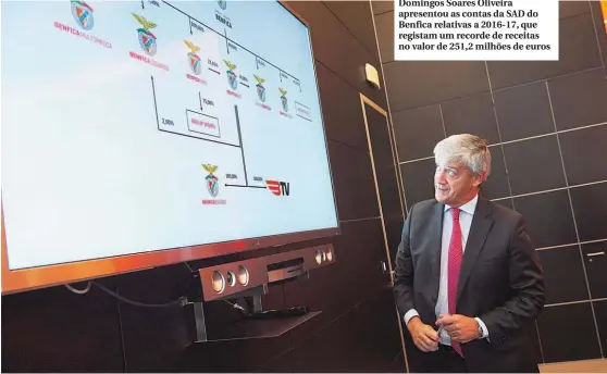  ??  ?? Domingos Soares Oliveira apresentou as contas da SAD do Benfica relativas a 2016-17, que registam um recorde de receitas no valor de 251,2 milhões de euros