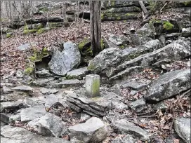  ??  ?? A rectangula­r concrete marker in the woods shows the current border at the corner of Alabama, Georgia and Tennessee. Georgia legislator­s are trying to move the border to the north so the state can gain access to water from the Tennessee River.