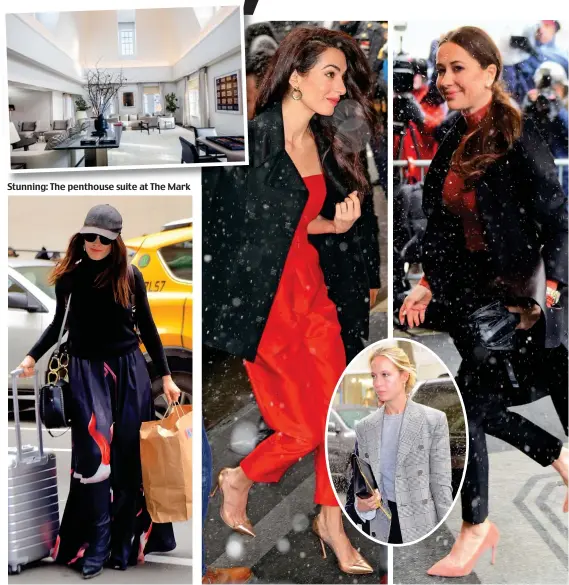  ??  ?? Stunning: The penthouse suite at The Mark Braving the snow: Amal Clooney in red, Jessica Mulroney and, inset, Misha Nonoo