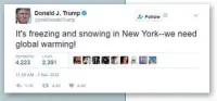  ??  ?? Ci-dessus :
Tweet de Donald Trump le 7 novembre 2012 : « Il gèle et il neige à New
York – nous avons besoin du réchauffem­ent climatique ! » (© Twitter)