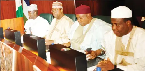  ??  ?? From left: Governors Abdulaziz Yari (Zamfara), Ibrahim Gaidam (Yobe), Darius Ishaku (Taraba) and Aminu Tambuwal (Sokoto), during the National Economic Council meeting at the Presidenti­al Villa in Abuja yesterday Photo: Felix Onigbinde