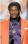  ?? AP Photo/David J. Phillip ?? ■ Baltimore Ravens' Lamar Jackson speaks after winning the AP Most Valuable Player award at the NFL Honors football award show Saturday in Miami.