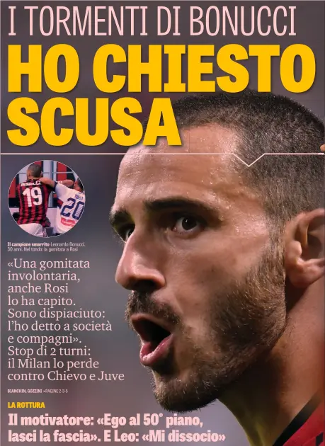  ??  ?? Il campione smarrito Leonardo Bonucci, 30 anni. Nel tondo: la gomitata a Rosi