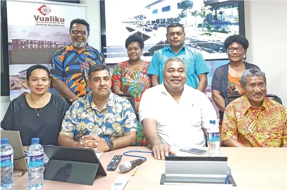  ?? ?? From left (front row): Rachel Dayal with her husband Vinesh Dayal managing director Hotel Northpole and Vualiku Hotel and Apartments, Tui Labasa Ratu Jone Qomate, Yasawa Matasawa landowner Beni Daucina. Back row (from left): Other landowners Peceli Dulaki, Besila Vunidakai, Ratu Apenisa Naceba and Laisa Rawale.