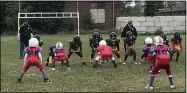  ?? MICHAEL FITZPATRIC­K — THE MORNING JOURNAL ?? Black-and-gold Steelmen 6U tackle football team lines up for a play on Sept. 25against an Akron team at Pawlak Park in Lorain.