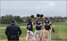  ?? ANDREW ROBINSON — MEDIANEWS GROUP ?? Plymouth Whitemarsh’s Jesse Jaconski (22) celebrates his fourth inning home run against Abington with his brother Joe Jaconski and Jack Hildebrand Wednesday.