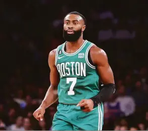  ?? Jessie Alcheh / Associated Press ?? Boston Celtics guard Jaylen Brown works back down the court during the first half against the New York Knicks Nov. 5 in New York.