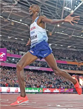  ?? (AFP) ?? Britain's Mo Farah celebrates after winning the men's 10,000m race in London on Friday