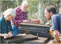  ??  ?? Joyce Wilkie shows Stephen Couling, right, a quick way of seeding up 198 speedling trays.