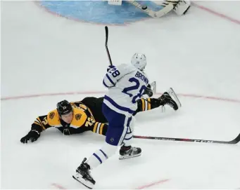 ?? JEFF PORTER / BOSTON HERALD ?? WELCOME SIGHT: Charlie McAvoy (73) likely will be in the lineup when the Bruins face the Maple Leafs tonight in Toronto.
