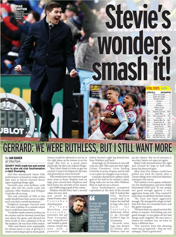  ?? ?? ROAR EMOTION Villa boss Stevie Gerrard shows his delight
A COUT ABOVE Coutinho celebrates with Mings