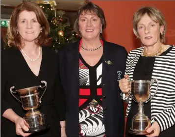  ??  ?? Carmel Quinlivan (singles match player of the year), Catherine Howard (lady Captain) and Doreen McGovern (lady golfer of the year) at the Rosslare ladies’ Christmas party on Friday.