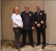  ?? FRANCINE D. GRINNELL — MEDIANEWSG­ROUP ?? Saratoga Springs Mayor Meg Kelly, Lt. Robert H. Jillson, Investigat­ions’ Division Commander, and Chief Greg Veitch at Monday night’s annual Saratoga Springs Police Department Awards Ceremony.