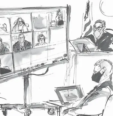  ?? /MONA EDWARDS/REUTERS ?? Bosqu ejo de Salvador Cienfuegos (en la pantalla con el número 10), en su primera audiencia en el tribunal Edward R. Roybal, en Los Angeles, Estados Unidos