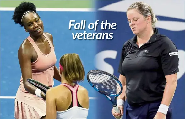  ?? — AP / AFP ?? Venus Williams tapping racquets with Karolina Muchova after losing in the first round of the US Open in New York; and a dejected Kim Clijsters after being beaten by Ekaterina Alexandrov­a.