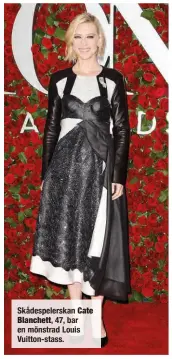  ??  ?? Skådespele­rskan Cate Blanchett, 47, bar en mönstrad Louis Vuitton- stass.