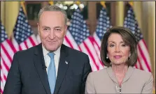  ?? — THE ASSOCIATED PRESS ?? Senate Minority Leader Chuck Schumer and House Speaker Nancy Pelosi spoke in response to President Trump’s address, urging an end to the government shutdown.