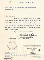  ??  ?? Carta del embajador que anunció la misiva de Velasco, cónsul en Barranquil­la, donde contó lo ocurrido con la muerte de Gaitán.