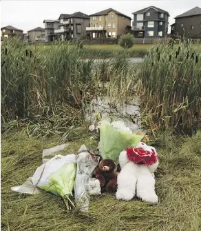  ?? IAN KUCERAK ?? A memorial is seen next to a Lago Lindo stormwater pond where 14-year-old Khrystyna Maksymova drowned on Saturday.