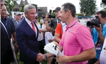  ?? Canadian Press/Shuttersto­ck ?? Rory McIlroy with the PGA Tour Commission­er Jay Monahan, who also took a swipe at the breakaway series on Sunday. Photograph: