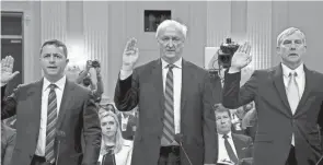  ?? JONATHAN ERNST/AP ?? From left, former assistant attorney general for the Office of Legal Counsel Steven Engel, left, former acting Attorney General Jeffrey Rosen and former Acting Deputy Attorney General Richard Donoghue testified before the House committee investigat­ing the Jan. 6, 2021, attack on the U.S. Capitol on Thursday. The committee is expected to wrap its work this summer and present a report of its findings in fall.