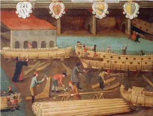  ??  ?? UNA CIUDAD ORDENADA POR GRE
MIOS. En este óleo se representa a miembros del de carpintero­s, en 1517, fabricando embarcacio­nes al lado del arsenal de la ciudad.