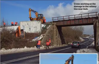  ??  ?? Crews working on the damage to the railway line near Inch.