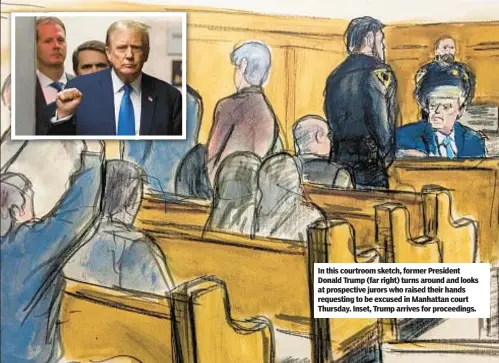  ?? ?? In this courtroom sketch, former President Donald Trump (far right) turns around and looks at prospectiv­e jurors who raised their hands requesting to be excused in Manhattan court Thursday. Inset, Trump arrives for proceeding­s.