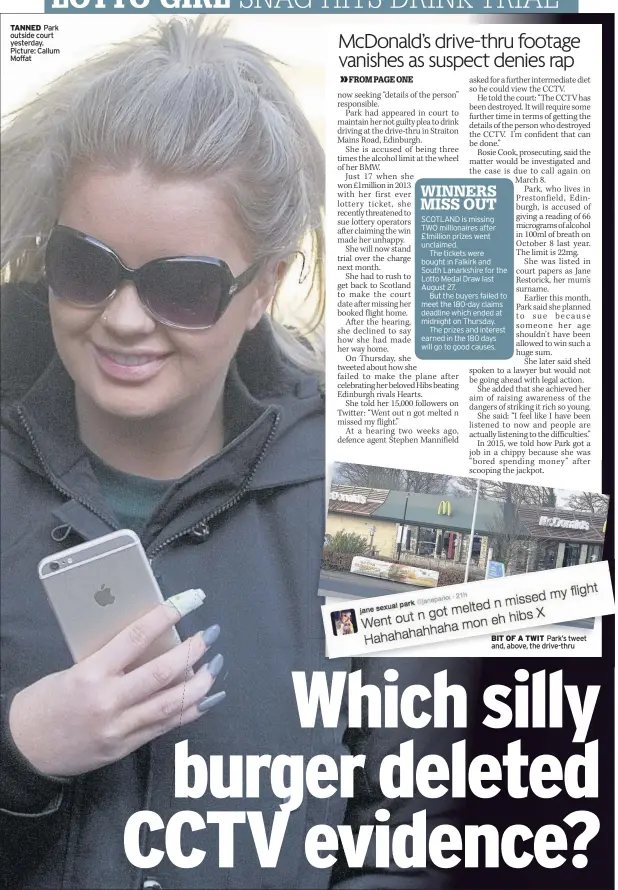  ??  ?? TANNED Park outside court yesterday. Picture: Callum Moffat BIT OF A TWIT Park’s tweet and, above, the drive-thru