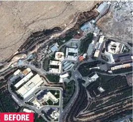  ??  ?? BEFORE AFTER Razed: The Him Shinshar chemical weapons facility, west of Homs, before and after the allies obliterate­d it with 22 missiles BEFORE AFTER Rubble: Smoke rises after 76 US missiles rained down on the Barzah research and developmen­t centre in greater Damascus