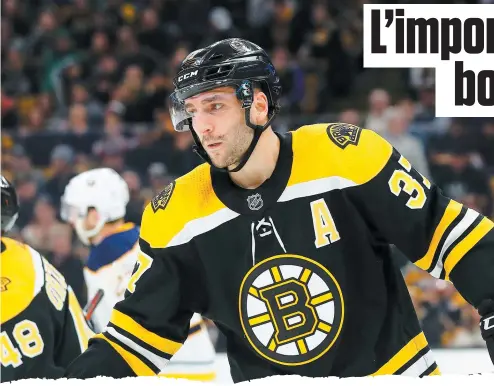  ?? PHOTO D’ARCHIVES, AFP ?? La perte de Patrice Bergeron n’a pas trop affecté les participan­ts du PNH qui ont décidé de le garder dans leur alignement. Il a poursuivi sur sa lancée à son retour au jeu.