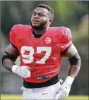  ?? CURTIS COMPTON / CCOMPTON@ AJC.COM ?? Falcons defensive tackle Grady Jarrett missed back-toback games because of an ankle injury but returned to practice Thursday. “I’m excited to get back,” he said.