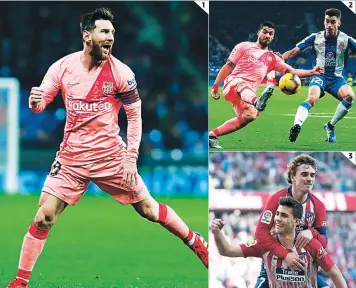  ?? FOTOS: AFP ?? (1) Lionel Messi anotó dos golazos de tiro libre y comparte el liderato de goleo con 11 tantos. (2) Luis Suárez llegó a 11 dianas en liga. (3) Griezmann y Rodrigo marcaron en el 3-0 de Atlético al Alavés.