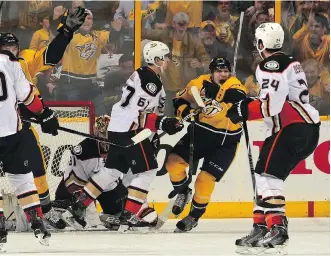  ?? FREDERICK BREEDON/GETTY IMAGES ?? Miikka Salomaki of the Nashville Predators celebrates a goal against the Anaheim Ducks in Game 6 of their Western Conference series Monday in Nashville.