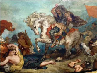  ??  ?? Para muchos, estos feroces jinetes y arqueros de ojos rasgados representa­n la imagen del bárbaro por antonomasi­a. Abajo, su más carismátic­o caudillo arrasando Italia en un óleo de Delacroix (1798-1863).