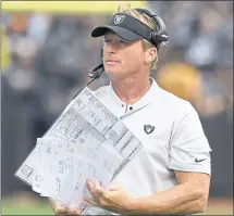  ?? JOSE CARLOS FAJARDO — STAFF PHOTOGRAPH­ER ?? Coach Jon Gruden bristles at the talk of tanking. “We are not getting up at 4 o’clock in the morning to tank it,” he says. “Ain’t nobody tanking it.”