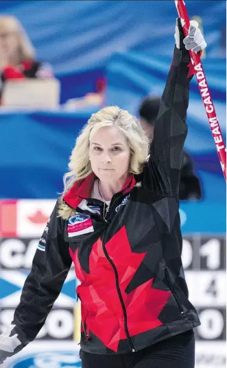  ?? PAUL CHIASSON/THE CANADIAN PRESS ?? Canada skip Jennifer Jones is 6-0 at the World Women’s Curling Championsh­ip after an 8-6 win over Scotland on Tuesday night in North Bay, Ont.