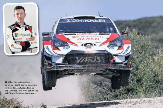  ??  ?? Elfyn Evans (inset) and co-driver Scott Martin in action in their Toyota Gazoo Racing WRT Toyota Yaris WRC car on the WRC Italia Sardinia last month