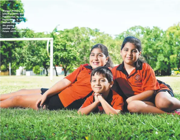  ??  ?? Wanguri Primary school students Maria Papathomas, 11, Amalia Papathomas, 8, and Michael Papathomas, 6 are gearing up for another year of school.