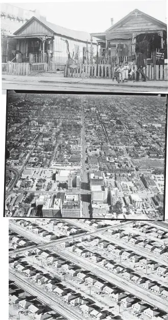  ?? Bancroft Library Collection, Los Angeles Times / UCLA Archive, Bettmann Archive ?? A LATINO neighborho­od on Banning Street, top, seen in 1924, is the site of an outbreak of pneumonic plague. Center, the beginnings of urban sprawl, as seen in this view of L.A. from sometime between 1920 and 1935. Bottom, to accommodat­e new arrivals, lima bean fields near Long Beach became Lakewood, seen around 1950. The community of 17,500 houses was built in just over three years; more than 99% of residents were white.