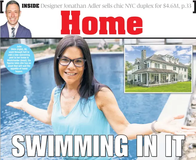  ??  ?? Julie Stein (right), 50, went through hell to add a new swimming pool to her home in Westcheste­r (inset). Six figures later, she has an asset that will wet the appetite of home buyers.