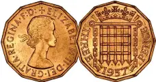  ??  ?? 1957 brass nickel threepence. The obverse shows Queen Elizabeth II first portrait laureate head by Mary Gillick. The reverse design features a crowned portcullis by William Maving Gardner