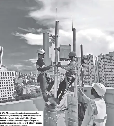  ?? PHOTO COURTESY OF DITO TELECOMMUN­ITY ?? A DITO Telecommun­ity rooftop tower constructi­on crew is seen, as the company ramps up infrastruc­ture initiative­s to meet its target of 1,300 cell towers needed to achieve mandated targets of 37-percent population coverage and speed of 27 mbps by January 2021.