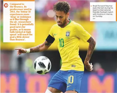  ?? AFP ?? Brazil forward Neymar eyes the ball during his team’s internatio­nal friendly football match with Austria in Vienna, on Sunday.