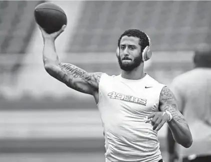  ?? KENNETH K. LAM/BALTIMORE SUN ?? The Ravens have been in contact with former San Francisco 49ers quarterbac­k Colin Kaepernick and continue to ponder bringing him into training camp while starter Joe Flacco recovers from a recent back injury.