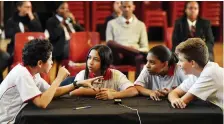  ?? PICTURE: DAVID RITCHIE/AFRICAN NEWS AGENCY (ANA) ?? CHALLENGIN­G: Oren-Andrew Wentzel, Aaliyah Jogee, Azraa Ariefdien and Micah van der Merwe of Summit House participat­ed in one of the first rounds of last year’s Cape Argus Food Lover’s Market High Schools Quiz.