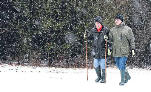  ?? Picture: Mhairi Edwards. ?? Brothers Jimmy and Harry Fraser walk through the snow in Camperdown Park, Dundee.