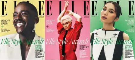  ?? ?? Ncuti Gatwa, Florence Pugh and Gemma Chan on the cover of Elle U.K.'s October issue.