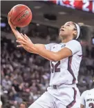  ?? JEFF BLAKE/USA TODAY SPORTS ?? South Carolina guard Tyasha Harris goes to the basket against Uconn on Feb. 10.